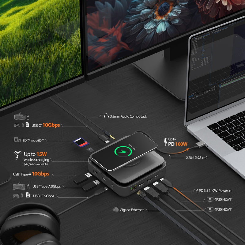 USB-C-dockningsstation® Dubbel 4K HDMI™ med 140W GaN PD 3.1 strömadapter