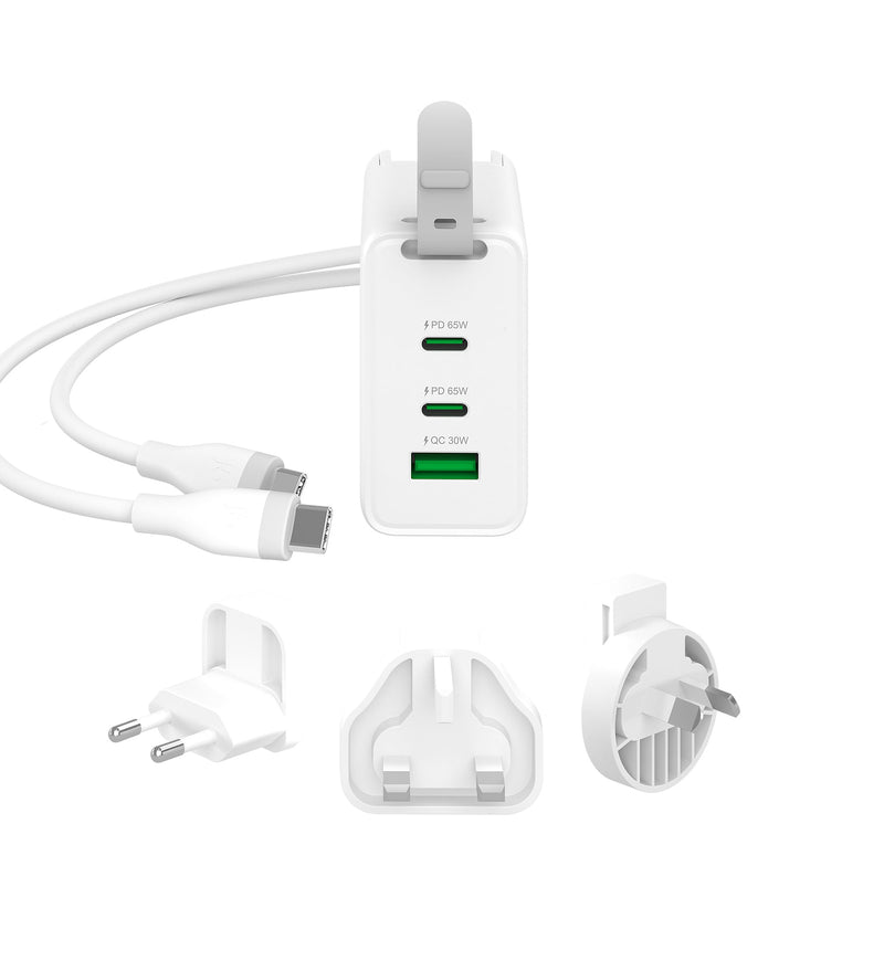 65 W GaN USB-C ® 3-Port Traveler Chargeur avec bouchons CA interchangeables et câble USB-C ®