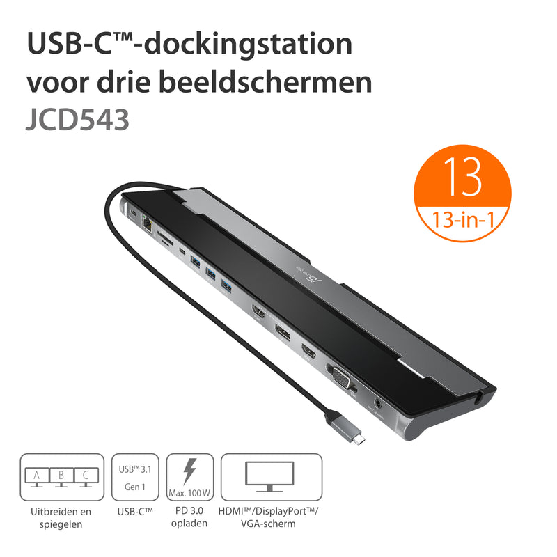 j5create JCD543 USB-C Triple Display Docking Station, includes 2x HDMI ports and 5x USB ports, Silver and Black