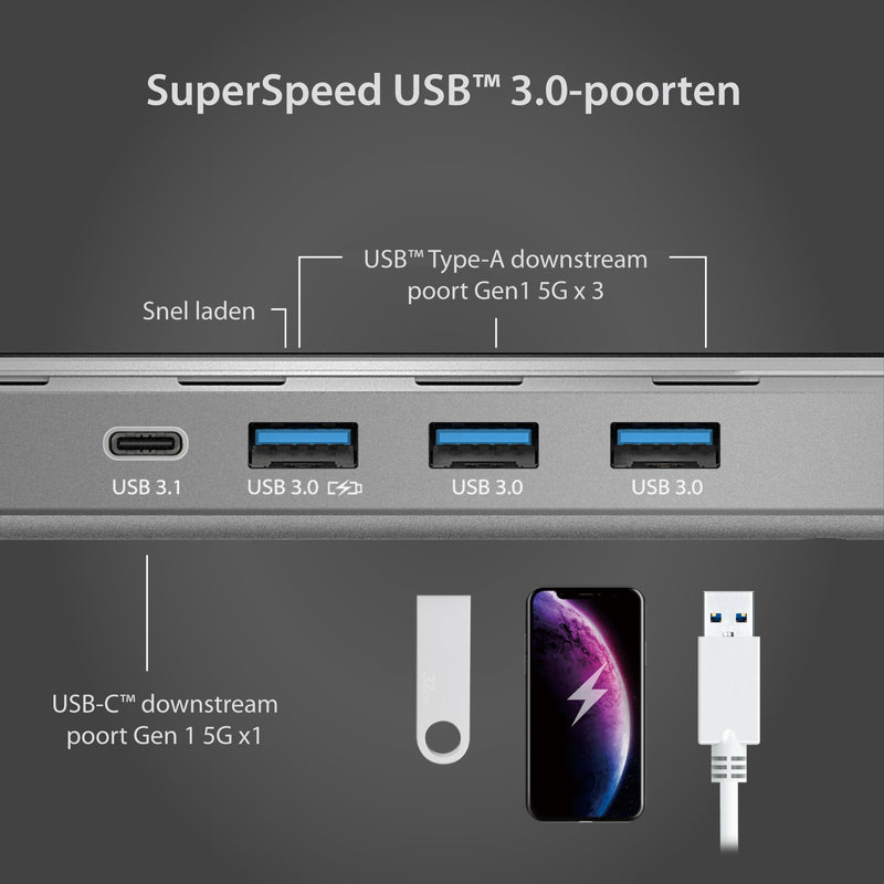 j5create JCD543 USB-C Triple Display Docking Station, includes 2x HDMI ports and 5x USB ports, Silver and Black