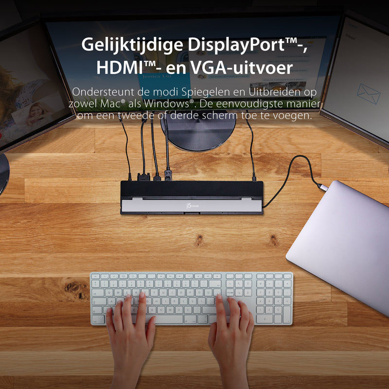 j5create JCD543 USB-C Triple Display Docking Station, includes 2x HDMI ports and 5x USB ports, Silver and Black