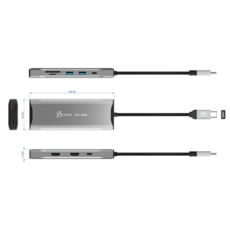 j5create JCD397 Mini Dock USB-C® Multi-Moniteurs 4K60 Elite, Gris Acier