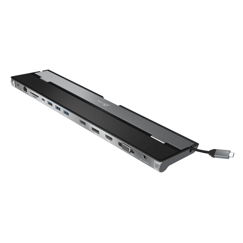 black casing USB type C docking station with 13 connectivity ports, and silver host cable storage compartment