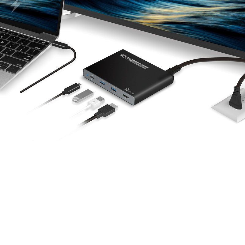 j5create JCDP392 Station d’Acceuil de Voyage USB-C™ avec 90W Intégré - UE, comprend 1x port HDMI et 3x ports USB, Noir