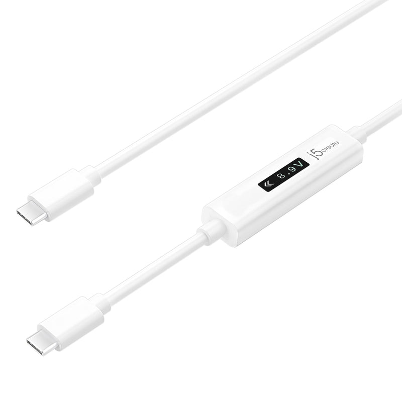 close up of white cable JUCP14 USB C to USB C with OLED power meter and OLED